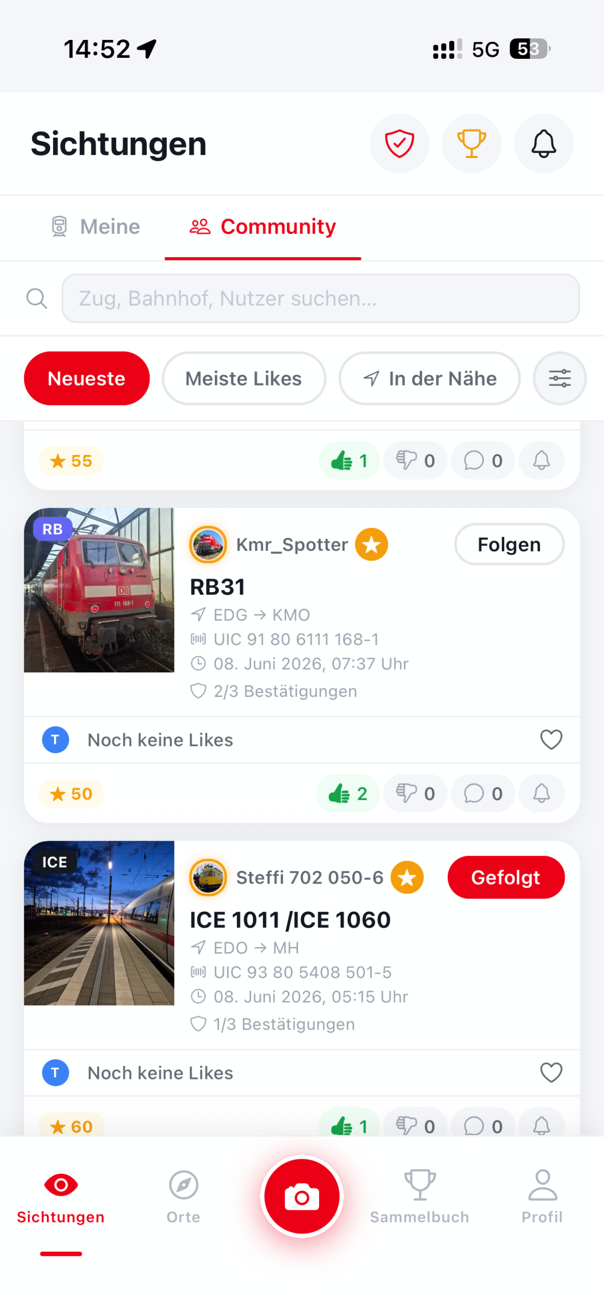 ZugSpotter Community-Feed mit Sichtungen anderer Spotter