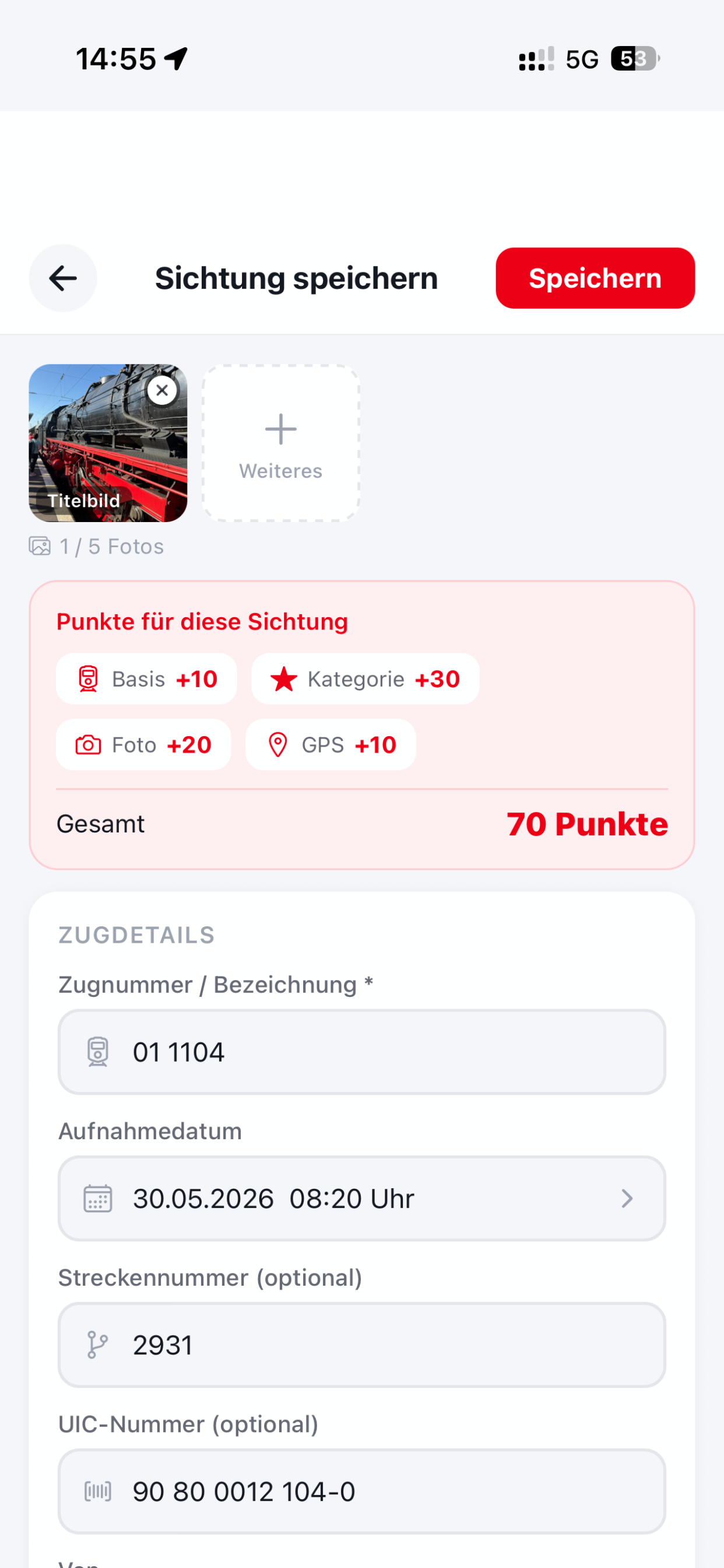 Sichtung erfassen mit Punkte-Anzeige