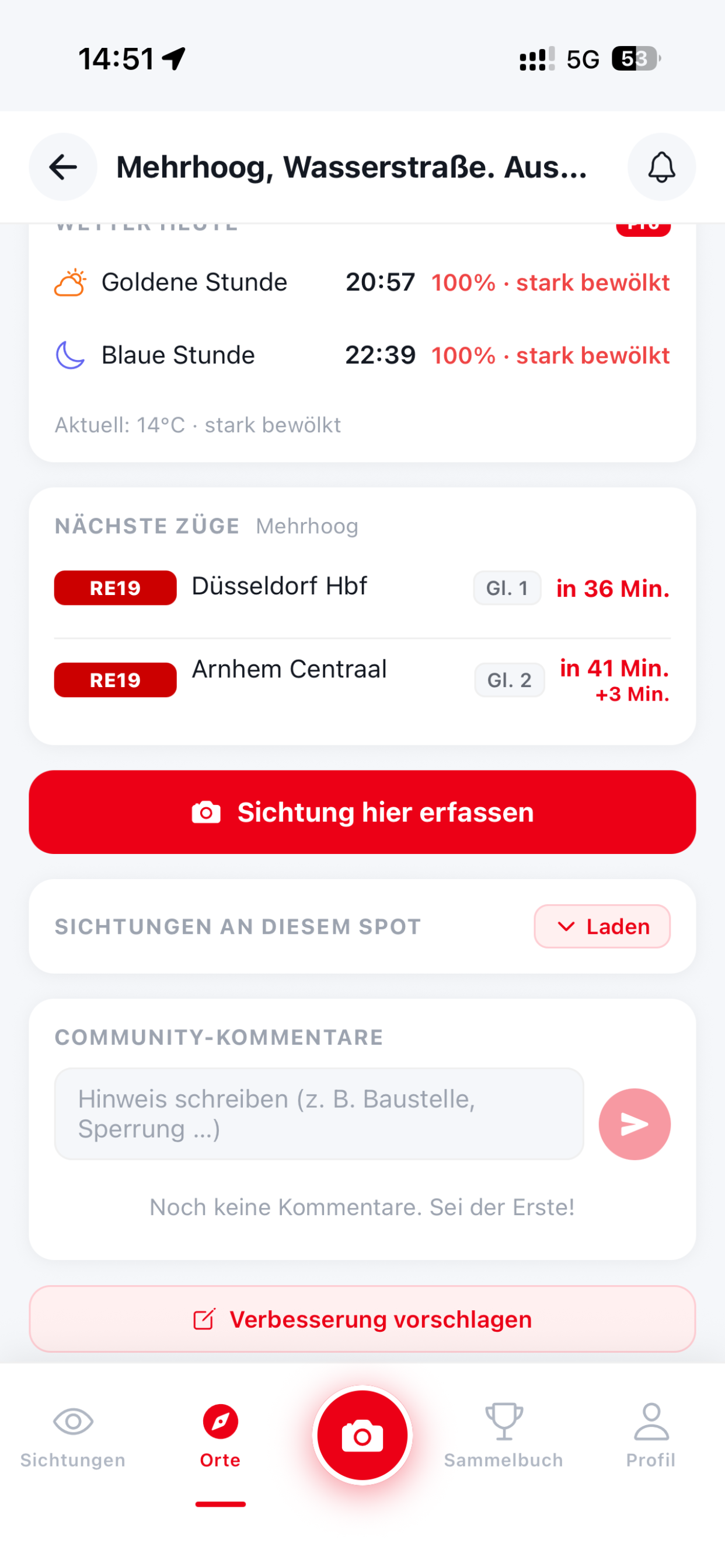 Spot-Detail mit nächsten Zügen und Wetter